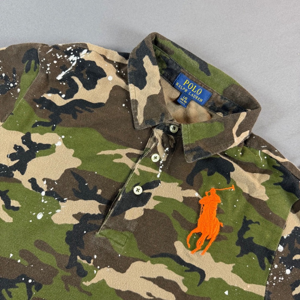 Polo Ralph Lauren Boys Camo Paint Splatter Big Pony Polo Shirt Green L 14-16